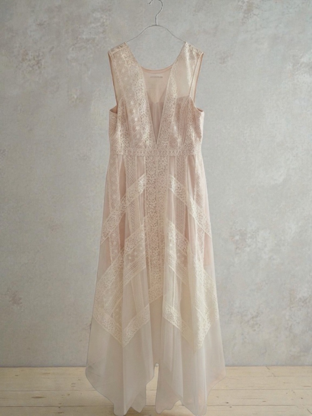 BCBGMaxAzria Blush and Ivory Lace Asymmetrical Gown